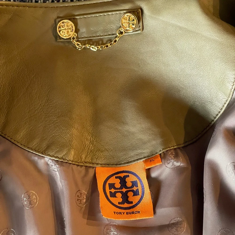 Tory Burch XL Leather Jacket Quilted Taupe/Gray Moto Style EUC - Picture 8 of 12